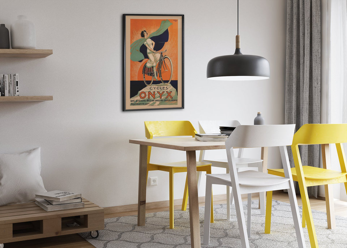 Cycles Onyx poster framed above a dining table