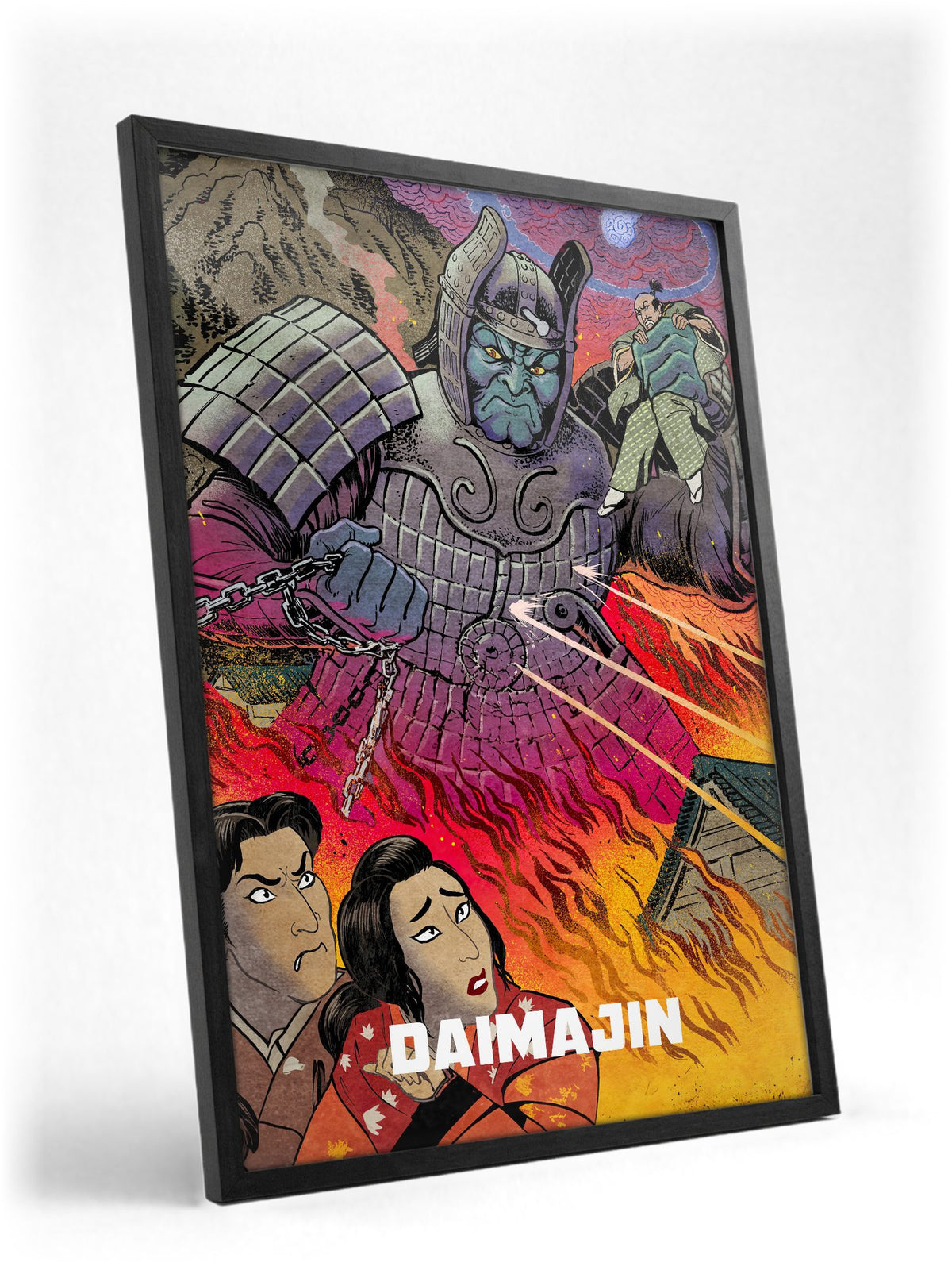 Daimajin (1966) Movie Illustrated Art poster in a black frame with glass leaning against a wall