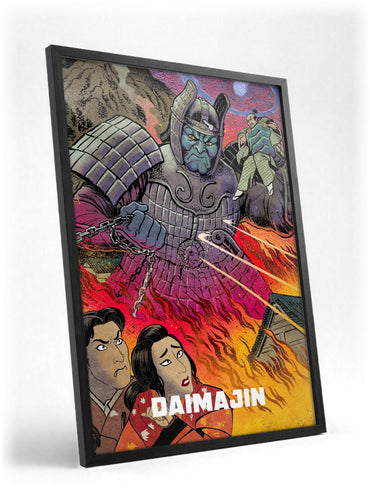 Daimajin (1966) Movie Illustrated Art poster in a black frame with glass leaning against a wall