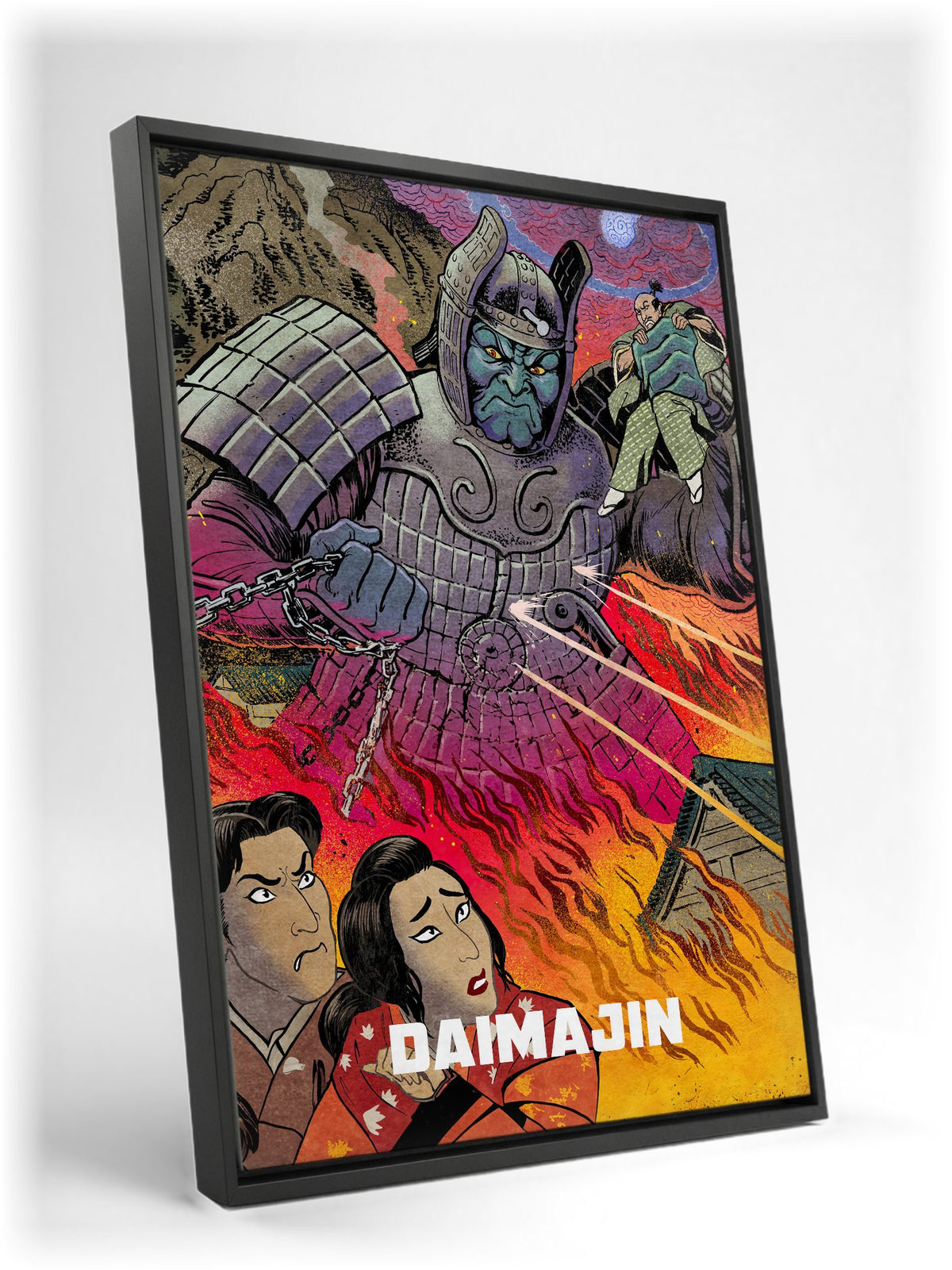 Daimajin (1966) Movie Illustrated Art as a black floater framed canvas leaning against a wall