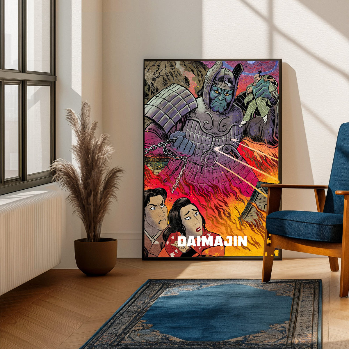 Daimajin (1966) Movie Illustrated Art poster framed beside a blue armchair in a sunlit room