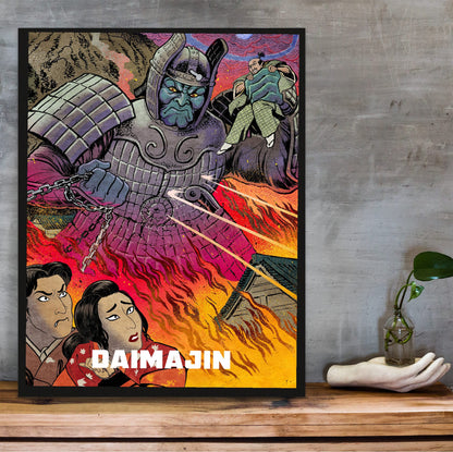 Daimajin (1966) Movie Illustrated Art poster in a black frame on a wooden shelf against concrete
