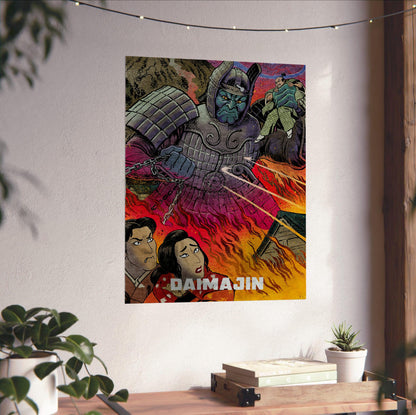 Daimajin (1966) Movie Illustrated Art poster unframed on a white wall above a desk