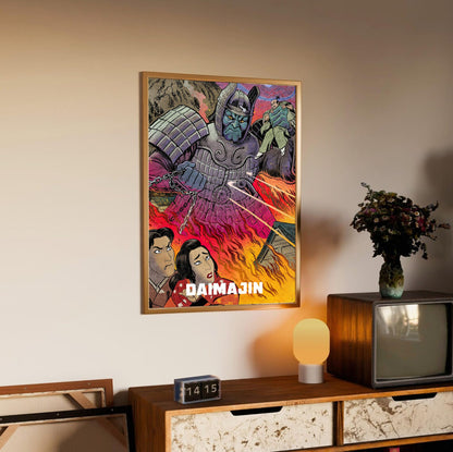 Daimajin (1966) Movie Illustrated Art poster in an oak frame above a sideboard