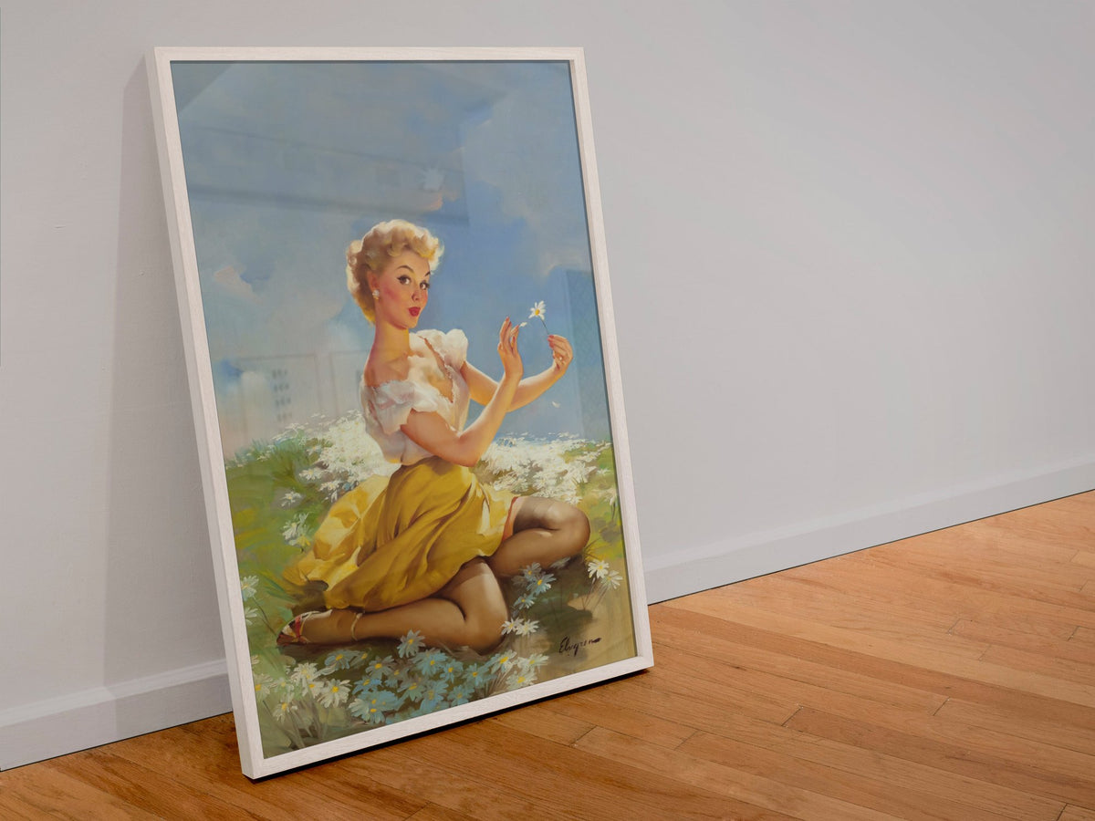 Daisies Are Telling by Gil Elvgren, pin-up poster — leaning frame
