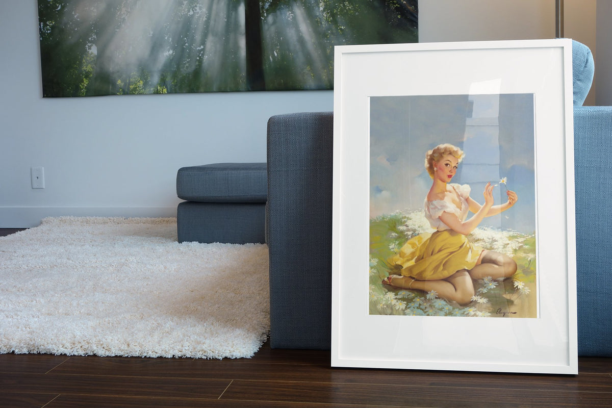 Daisies Are Telling by Gil Elvgren, pin-up poster — living room wall