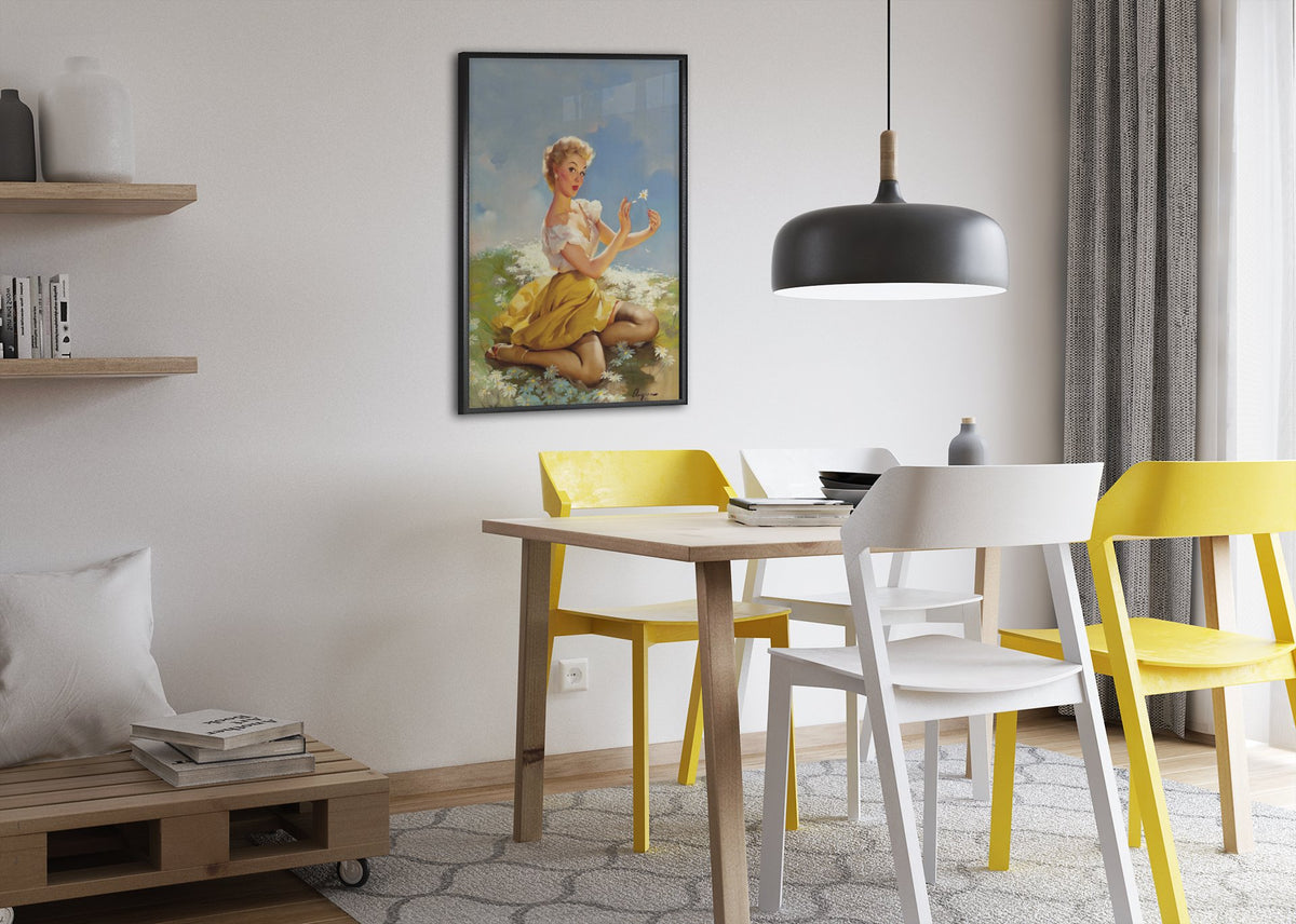 Daisies Are Telling by Gil Elvgren, pin-up poster — dining room