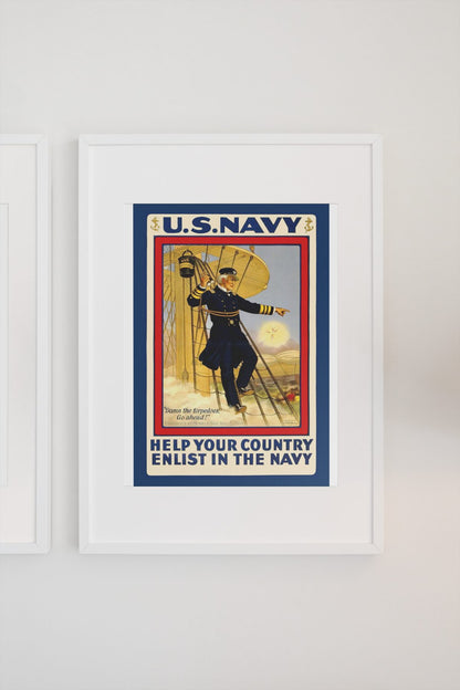 Damn the Torpedoes Enlist in the Navy poster on a light wall