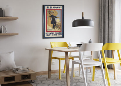 Damn the Torpedoes Enlist in the Navy poster framed above a dining table