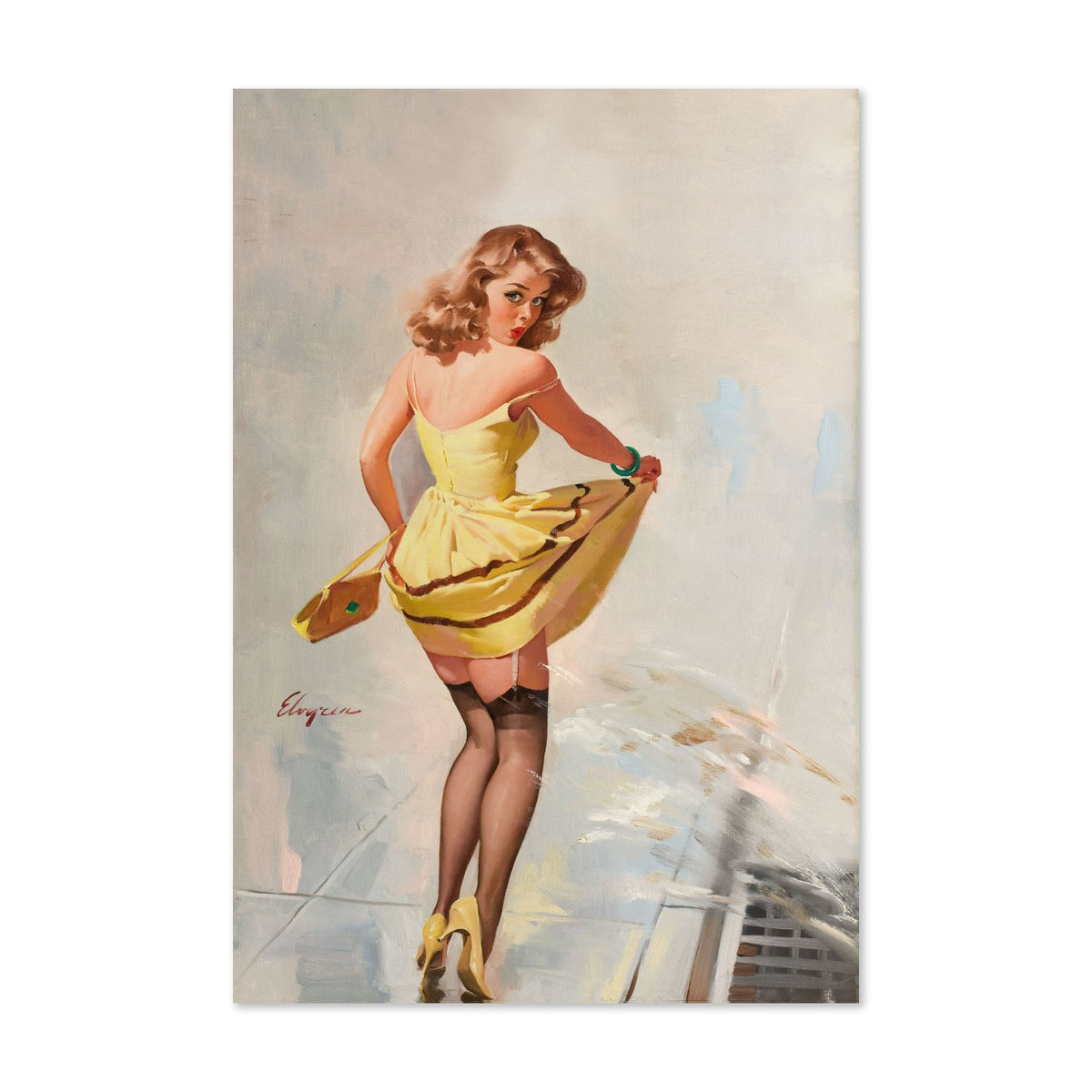 Dampened Doll by Gil Elvgren, pin-up poster — framed print