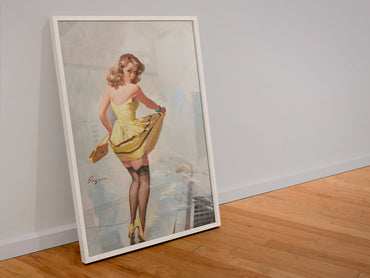 Dampened Doll by Gil Elvgren, pin-up poster — leaning frame