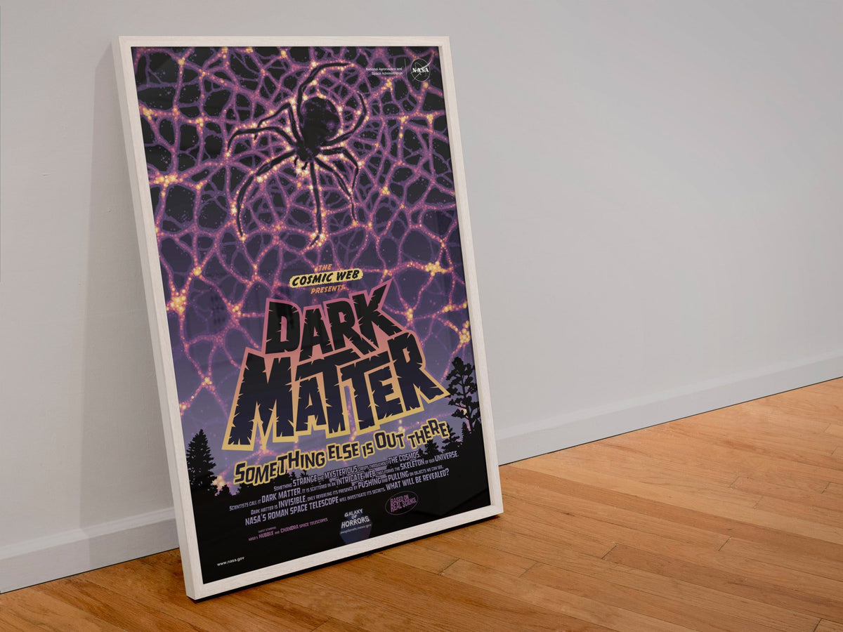 Dark Matter, NASA Galaxy of Horrors poster in a white frame leaning against a wall