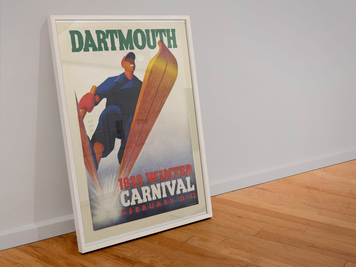 Dartmouth Winter Carnival 1938 poster in a white frame leaning against a wall