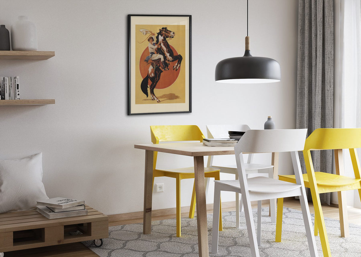 Days of the Golden West Rodeo poster framed above a dining table