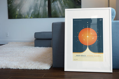 Deep Space Atomic Clock, orange poster in a white frame leaning beside a blue sofa