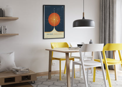 Deep Space Atomic Clock, orange poster framed above a dining table