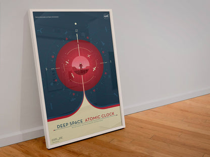 Deep Space Atomic Clock, red poster in a white frame leaning against a wall