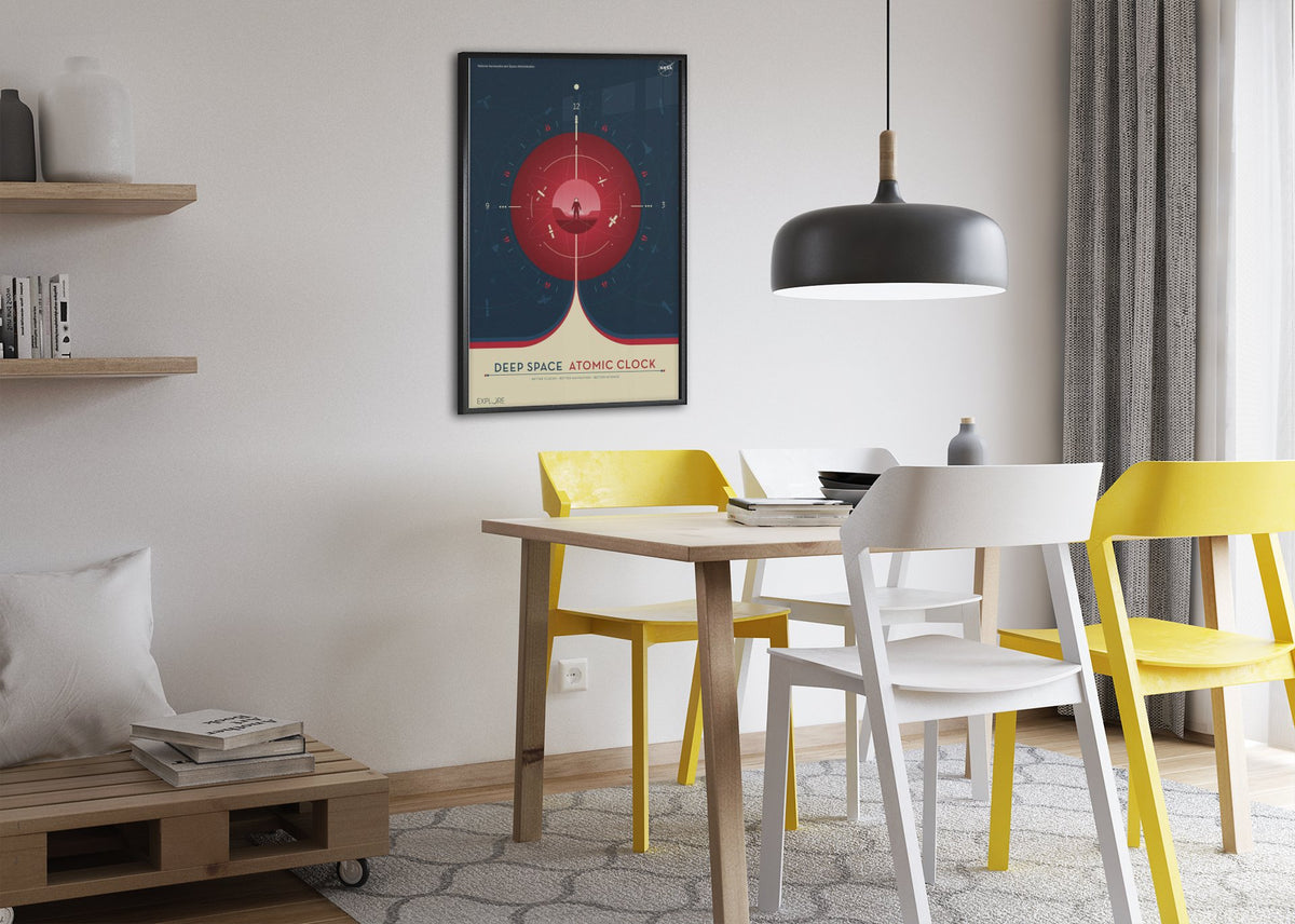 Deep Space Atomic Clock, red poster framed above a dining table