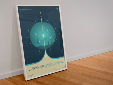 Deep Space Atomic Clock, teal poster in a white frame leaning against a wall