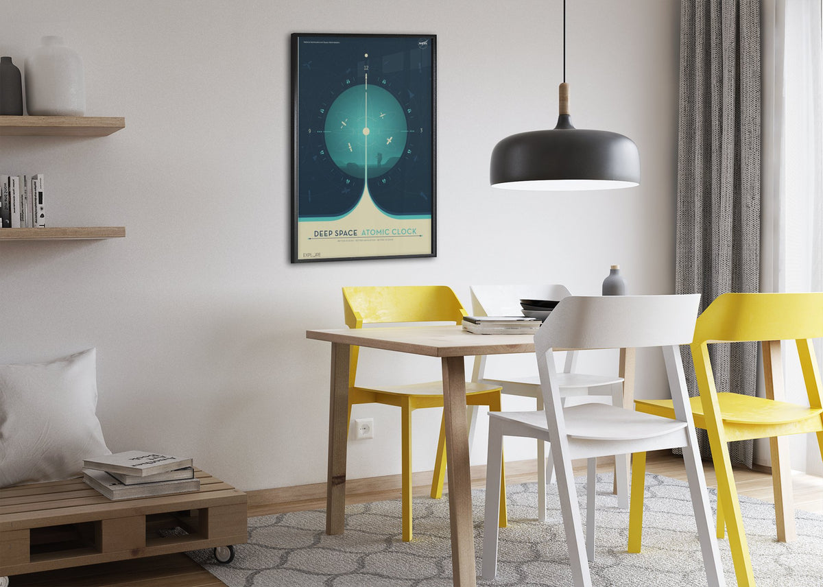 Deep Space Atomic Clock, teal poster framed above a dining table