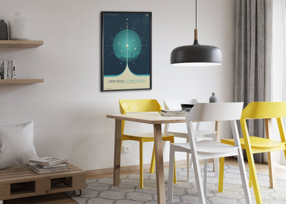 Deep Space Atomic Clock, teal poster framed above a dining table