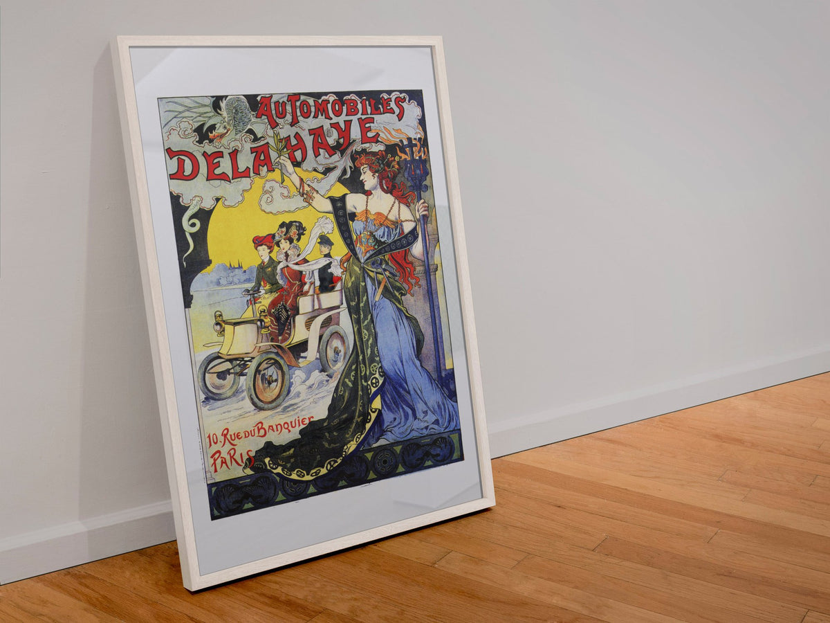 Automobiles Delahaye 1898 poster in a white frame leaning against a wall