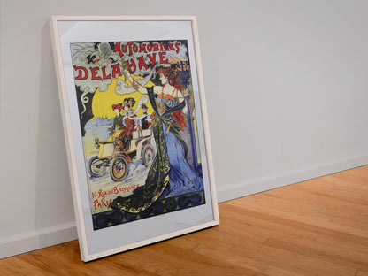 Automobiles Delahaye 1898 poster in a white frame leaning against a wall