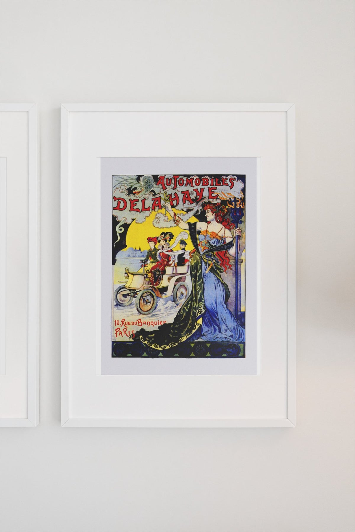 Automobiles Delahaye 1898 poster in a white frame on a light wall