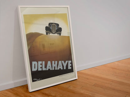 Delahaye poster in a white frame leaning against a wall