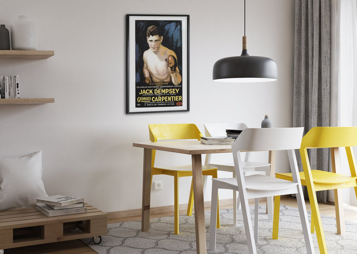 Jack Dempsey vs Georges Carpentier poster framed above a dining table