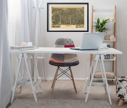 Denver 1889 Panoramic Map framed above a white desk in a home office