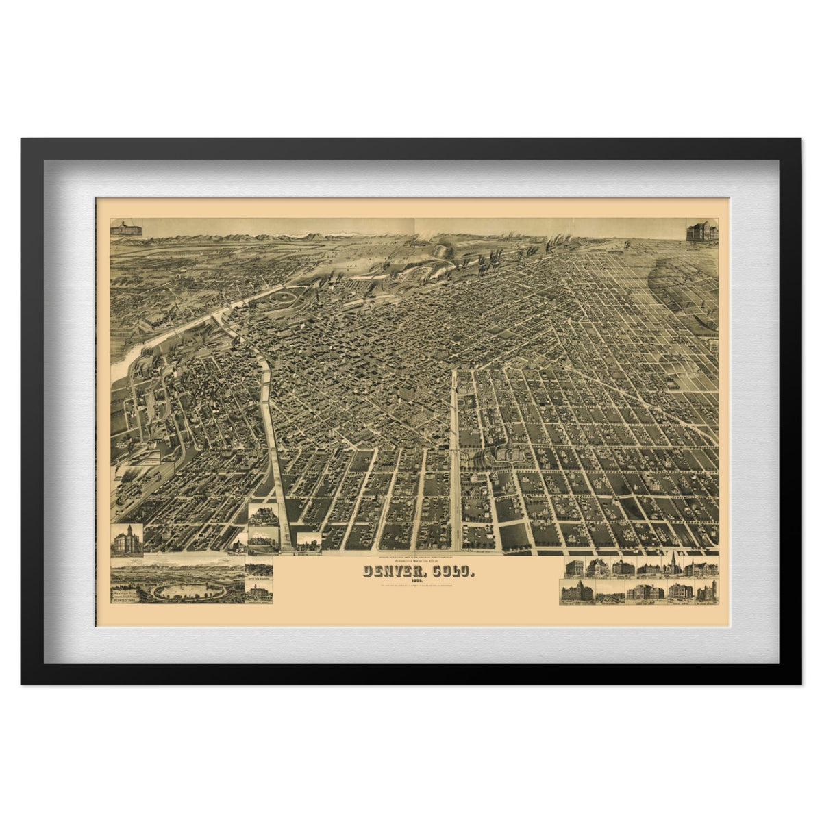 Denver 1889 Panoramic Map print in a black frame