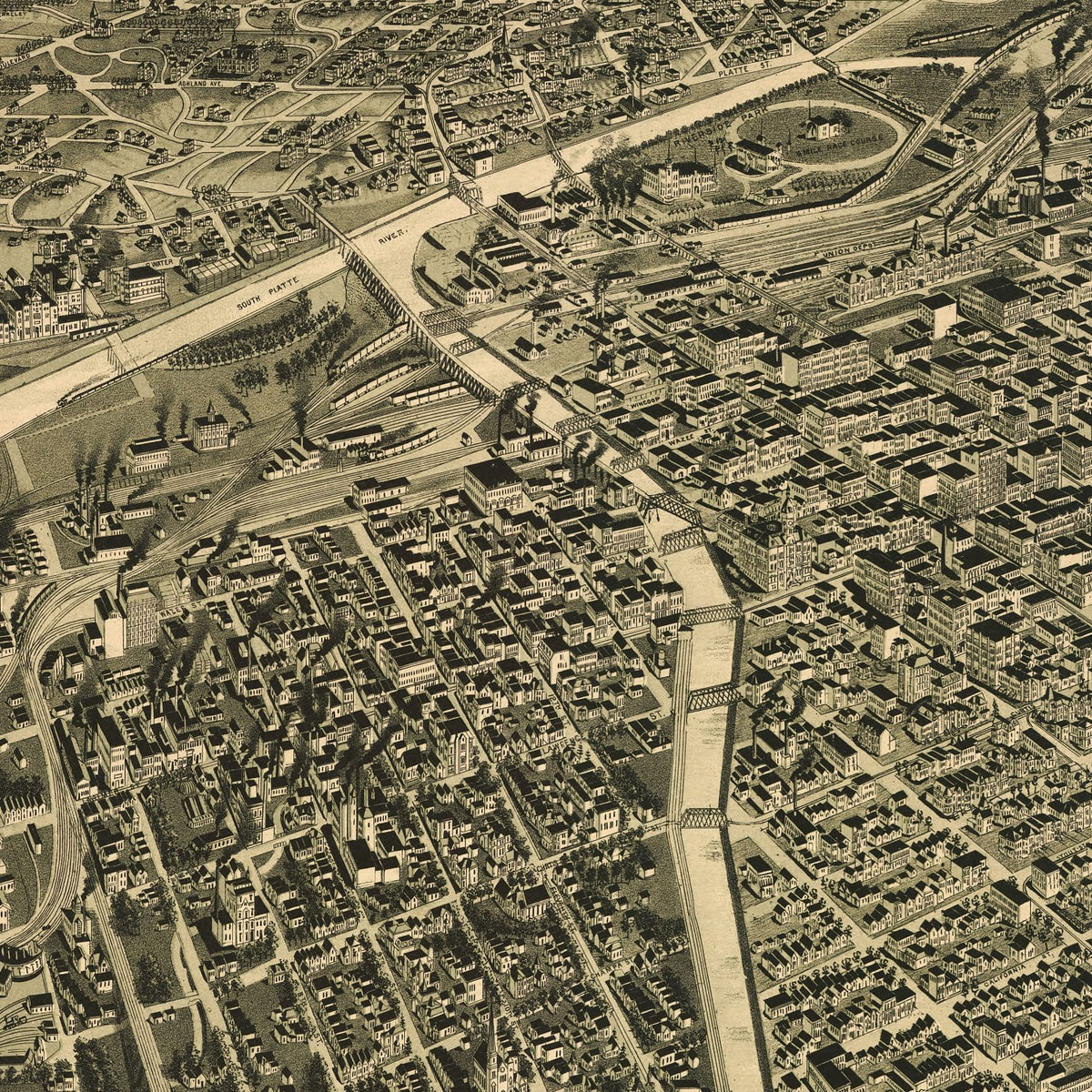 Close-up detail of the Denver 1889 Panoramic Map print