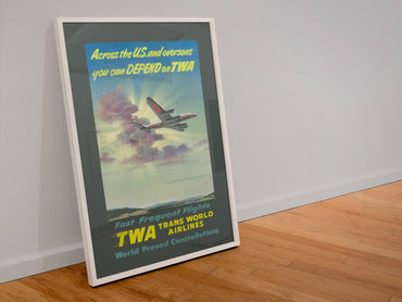 Depend on TWA Constellation poster in a white frame leaning against a wall