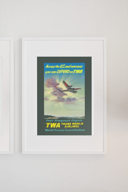 Depend on TWA Constellation poster on a light wall
