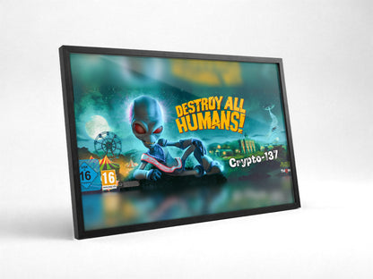 Destroy All Humans! Crypto-137 Panoramic Art poster in a black frame with glass leaning against a wall