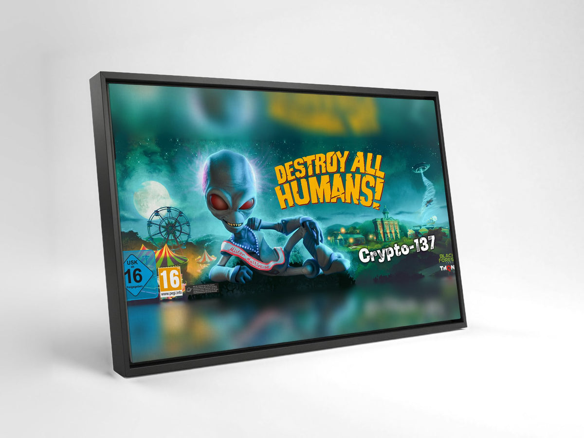 Destroy All Humans! Crypto-137 Panoramic Art as a black floater framed canvas leaning against a wall