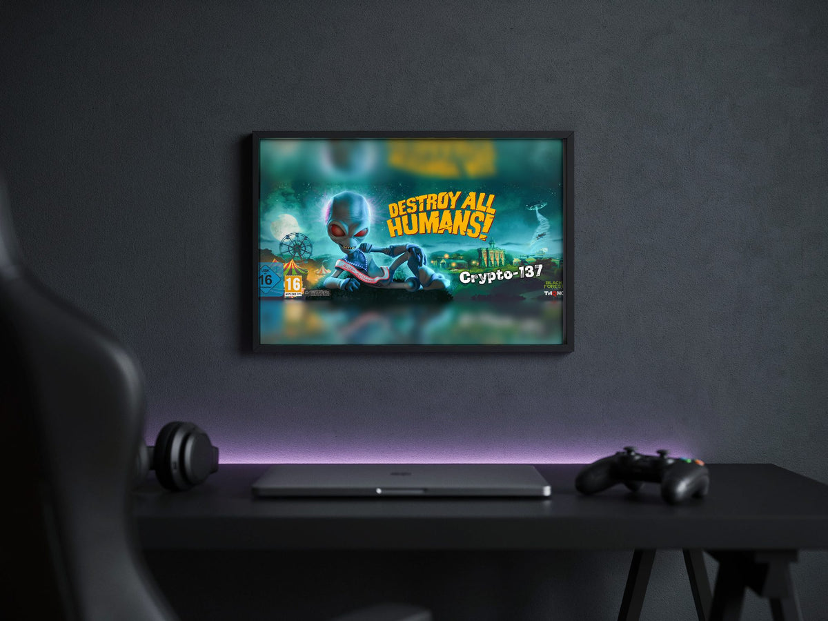 Destroy All Humans! Crypto-137 Panoramic Art poster in a black frame above a gaming desk