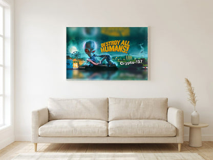 Destroy All Humans! Crypto-137 Panoramic Art poster in a white frame in a living room