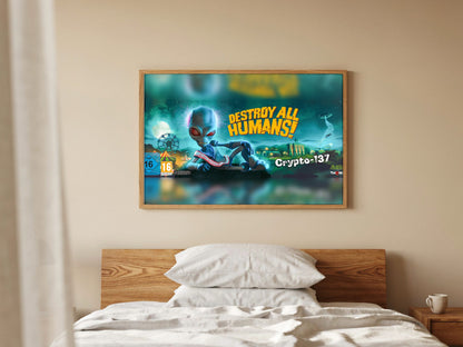 Destroy All Humans! Crypto-137 Panoramic Art poster in a natural oak frame in a bedroom
