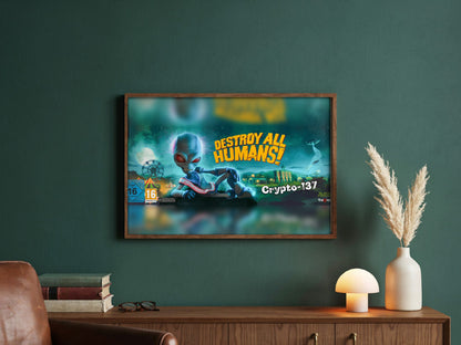 Destroy All Humans! Crypto-137 Panoramic Art poster in a dark walnut frame in a green study