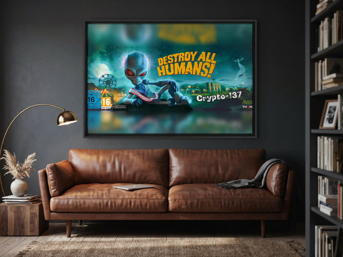 Destroy All Humans! Crypto-137 Panoramic Art as a black floater framed canvas in a media room