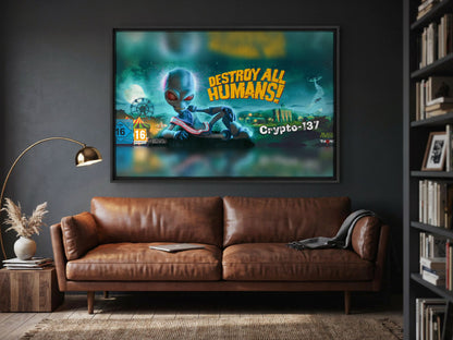 Destroy All Humans! Crypto-137 Panoramic Art as a black floater framed canvas in a media room