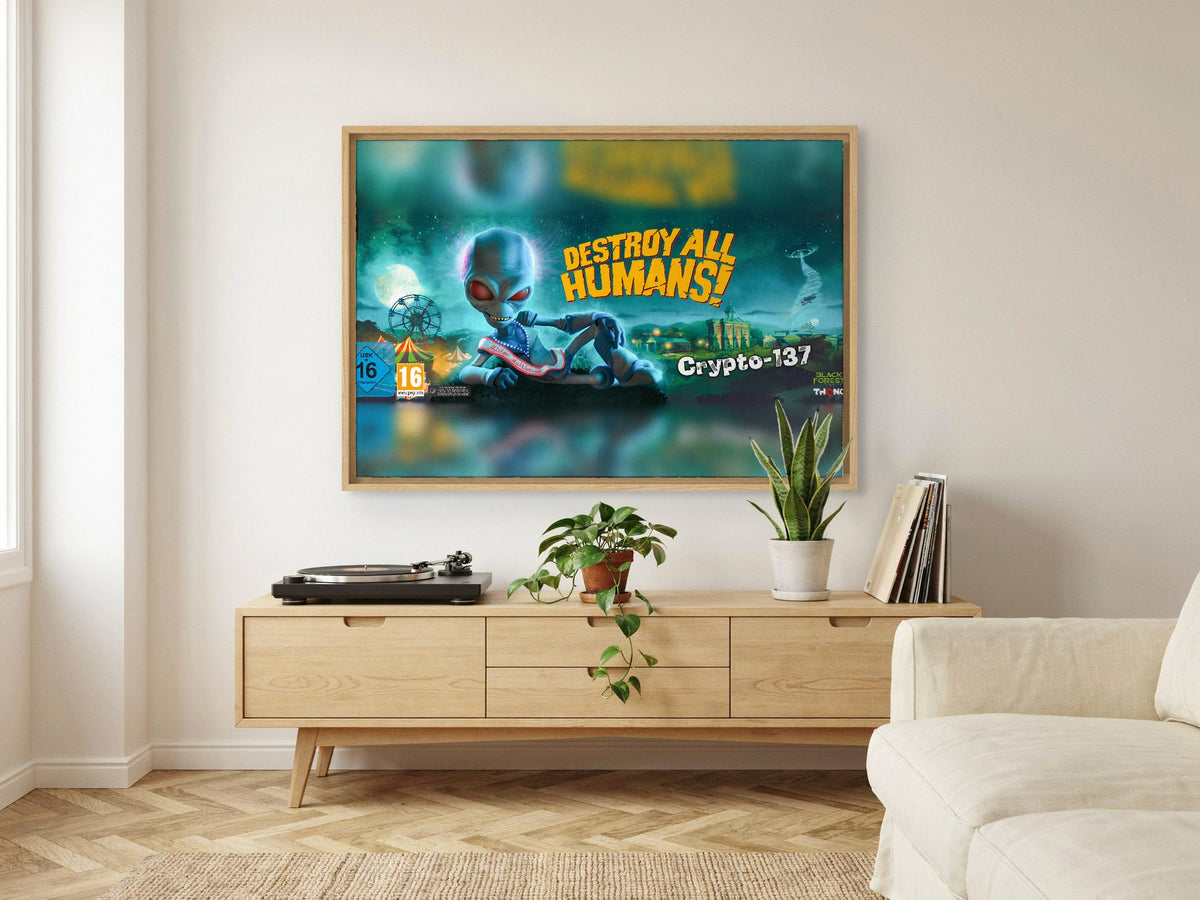 Destroy All Humans! Crypto-137 Panoramic Art as an oak floater framed canvas in a Scandinavian lounge