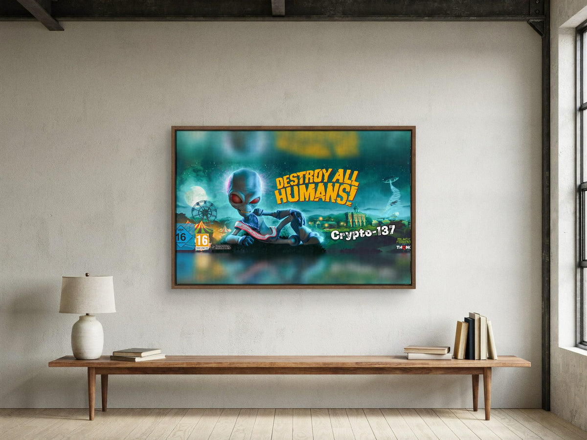 Destroy All Humans! Crypto-137 Panoramic Art as a walnut floater framed canvas in a loft