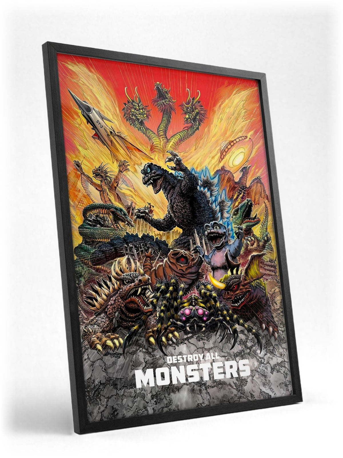 Destroy All Monsters (1968) Movie Illustrated Art poster in a black frame with glass leaning against a wall