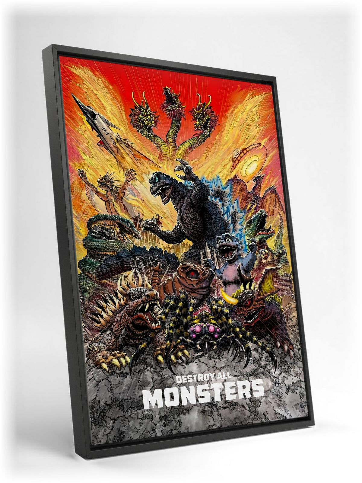 Destroy All Monsters (1968) Movie Illustrated Art as a black floater framed canvas leaning against a wall