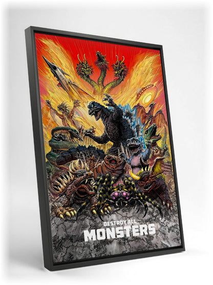 Destroy All Monsters (1968) Movie Illustrated Art as a black floater framed canvas leaning against a wall