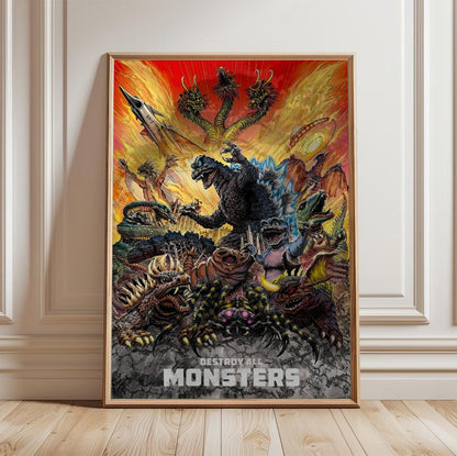 Destroy All Monsters (1968) Movie Illustrated Art poster in a light oak frame leaning against a white wall