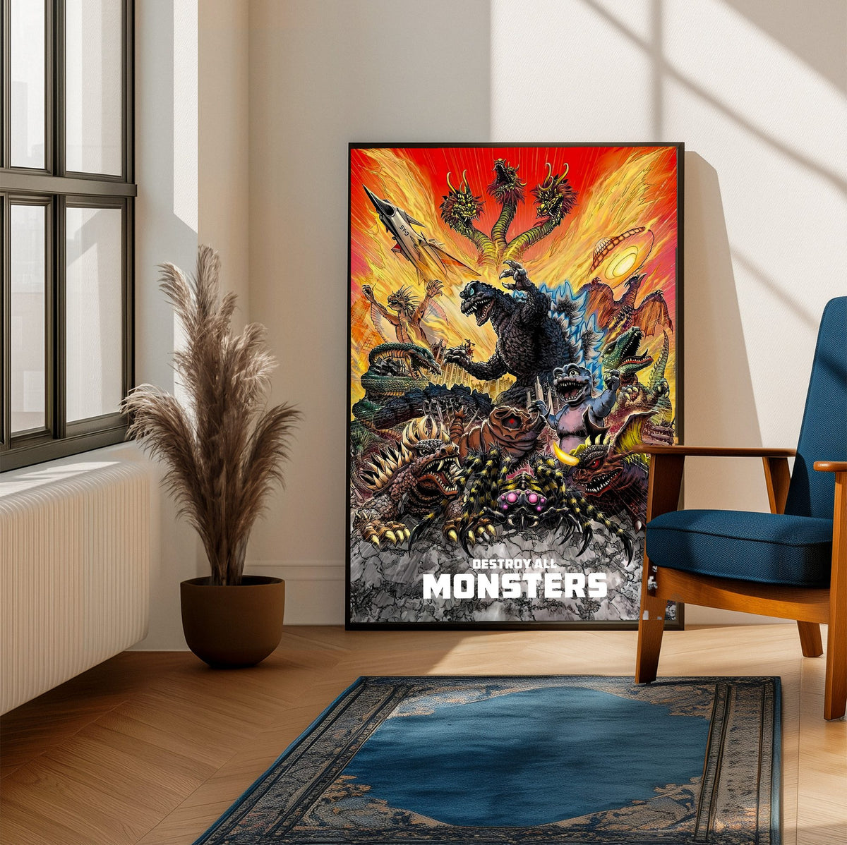 Destroy All Monsters (1968) Movie Illustrated Art poster framed beside a blue armchair in a sunlit room